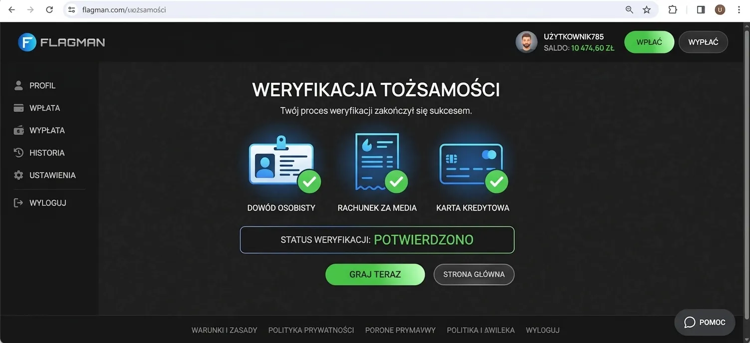 Symbol weryfikacji tożsamości w kasynie online.
