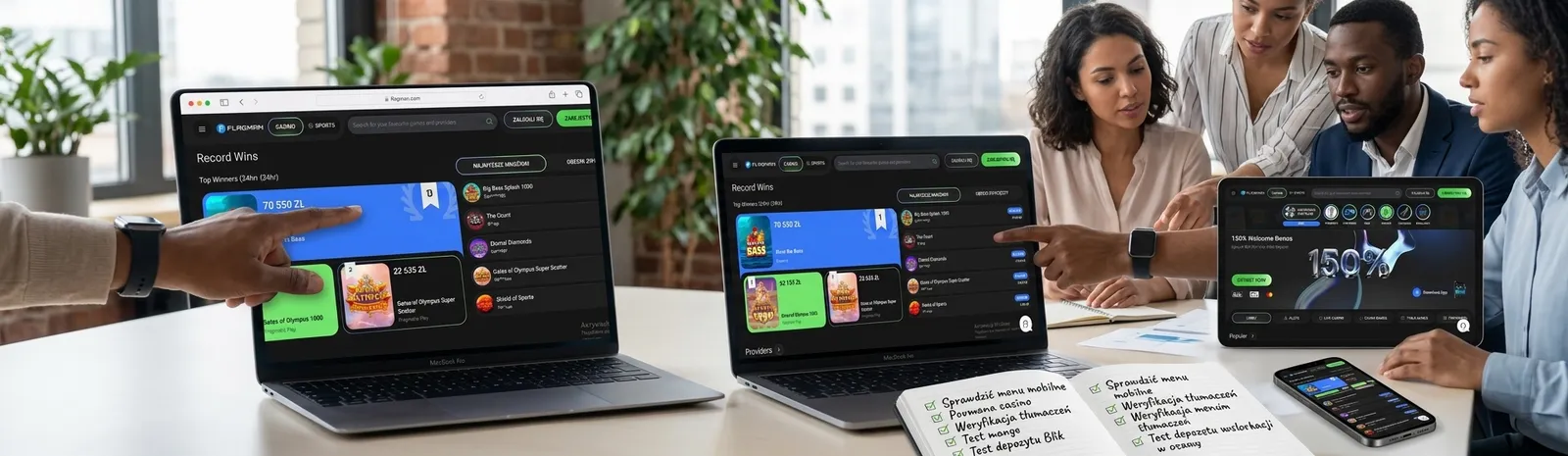 Zespół redakcyjny serwisu analizujący warunki i licencje kasyna online na ekranie komputera.